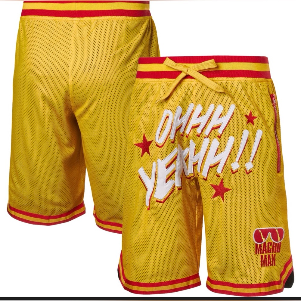 WWE Macho Man Randy Savage Shorts Ohhh Yeahh! Mens Size Medium Mesh Gym Yellow